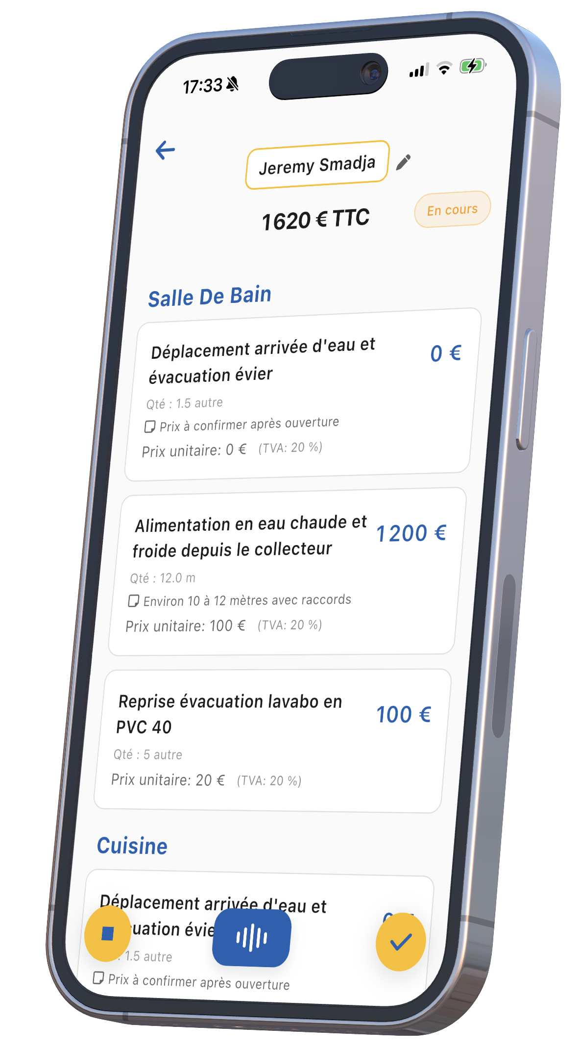Écran montrant un devis en cours de création